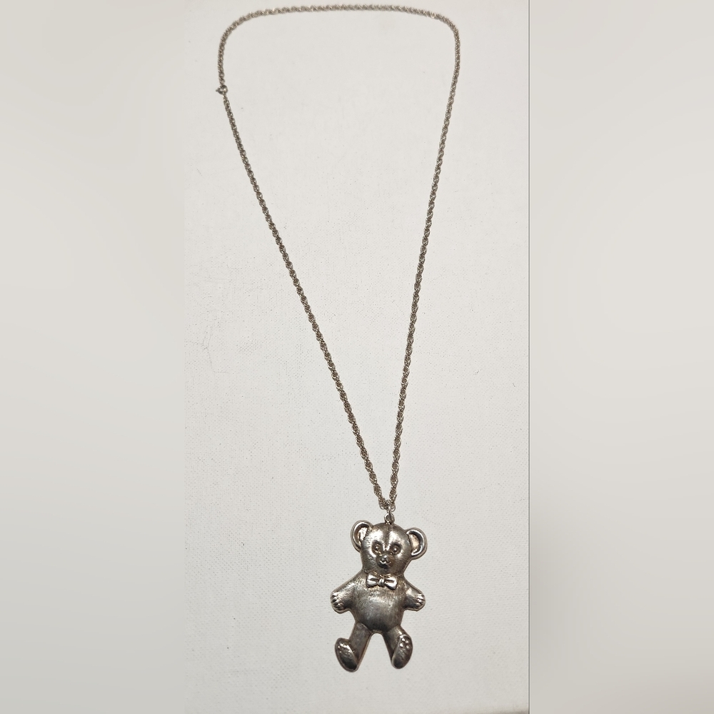 Vintage 925 Sterling Silver Teddy Bear With Sterling Silver Necklace